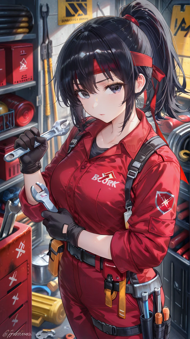 (highest quality:1.2, Very detailed, Latest, Vibrant, Ultra-high resolution, High Contrast, masterpiece:1.2, highest quality, Best aesthetics), Beautiful female mechanic, sexy, Work clothes, Overalls, Best Body Line, Beautiful detailed eyes, A professional and confident smile, Detailed facial features, Elegant hairstyle, Power tools, detailed machine, The work contents written on the wall, A neat and tidy desk, Precision work, Adorable, ahegao, tongue out