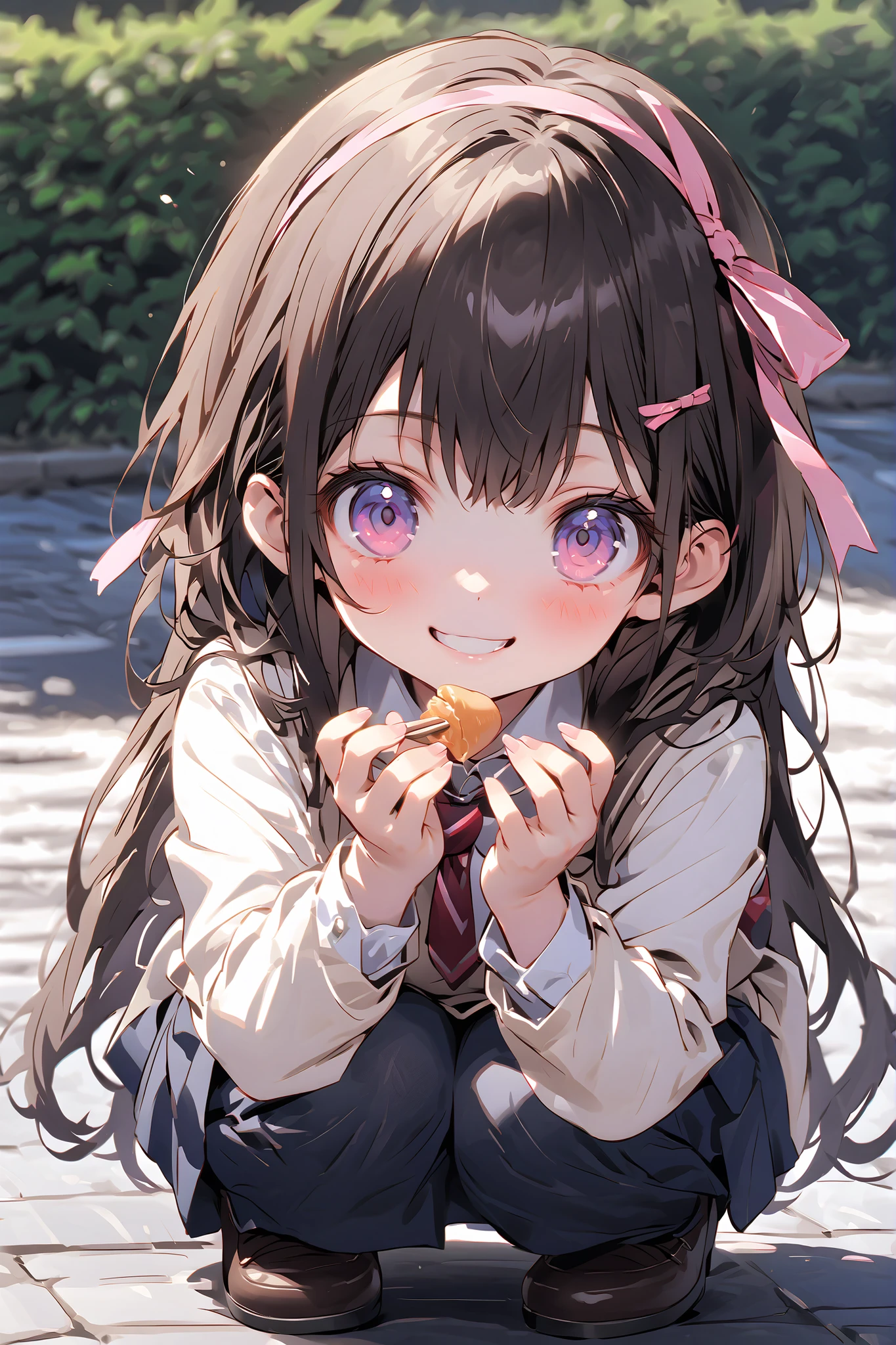 (One personの少女)、One person、Solo Photo、uniform、dark haired、long hair、ribbon on head、(Primary school student 1.2)、with a young face、( feeding)、Smiling、full body image、face up with ties、squatting、spreading hands