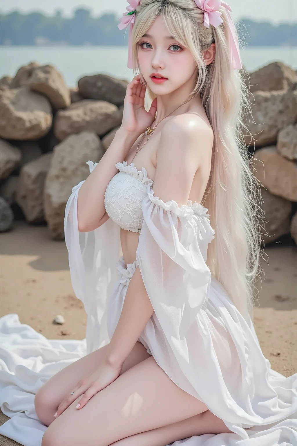 hatsuneMiku、(ultra Realistic), (An illustration), (Highres), (8K), (highlydetailed), (the best illustration), (Beautiful Detailed Eyes), (beste Quality), (Super Detailed), (Master peace、), (Wallpapers), (Detailed Face), solo、、、, 1人の女の子, Aristocratic dresses、White hair, Iris heterochromatic eyes, small moles under eye, medium chest, Long legs、Stunning composition、Foot braids、Beautiful and detailed legs