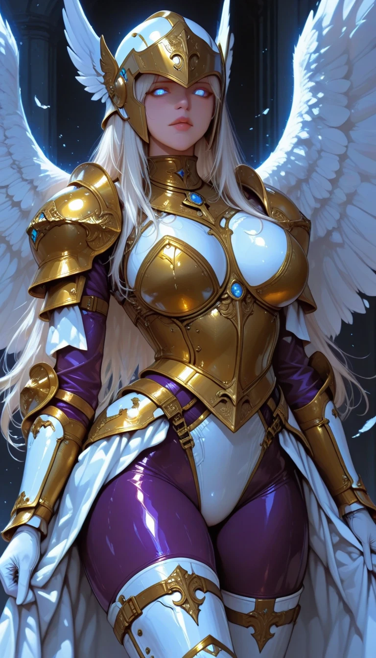 Here is the digital illustration prompt: Please follow the all prompts below exactly and faithfully, This is a breathtaking masterpiece of digital illustration, with maximum resolution, UHD, 512K, 2160p, 10 million ppi, 300 million dpi, natural color tones, ultra sharp details, perfect outlines with contrast, ((smooth, soft and clearly and most realistic skin and hair texture)), most beautiful detailed eye features, perfect anatomically correct human body, beautiful background with depth, rule of thirds, depth of field, Maximize all element is used to its full potential to create the best digital illustrations, 1woman, sexy, 25years old, beautiful face sharp, elegant woman, Ultimate perfect body style, beautiful beautiful big breasts, Maximize upturned breasts, green eyes, shiny blonde hair, short hair, bob cut, (eyes visible through hair:1.3), glossy very thick lips, pink lipstick, smile:1.5, An angel with a radiant halo and broad, ethereal wings in a powerful motion. The angel is adorned in a bright, intricately designed skirt with vibrant patterns. The outfit consists of over 20 detailed features, including divine symbols, glowing patterns, and ornate armor. The angel is equipped with a sacred weapon, adding to its magnificent presence.