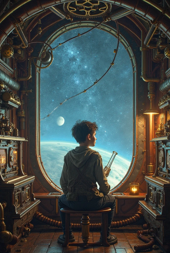 
 Steampunk style teenage boy in top hat with mechanical devices and steam punk style glasses smoking marijuana in steam punk bong Sitting in the ship looking at the universe 