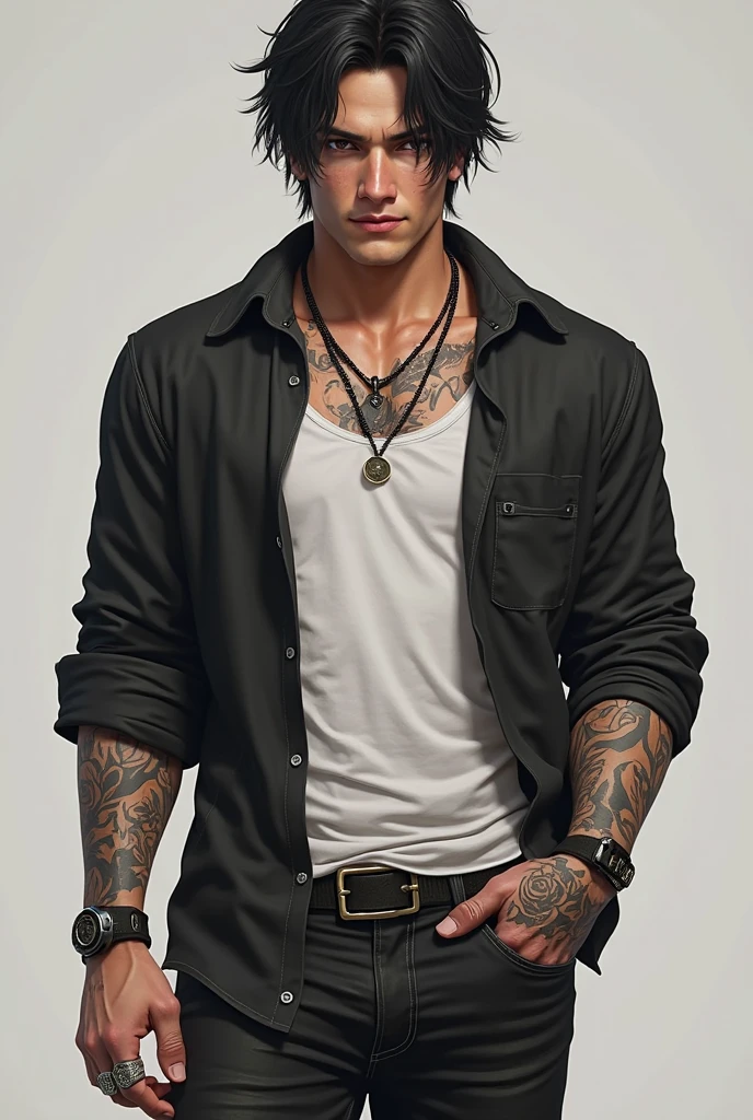 * Age: 18 years
* Height: 1,80 meters (5'11")
* Physicist: Slim and athletic, with muscles defined by years of physical work.
* Hair: jet black, scrambled and indomitable, often falls on his storm gray eyes.
* Eyes: deep and penetrating, with a look that can be both captivating and intimidating.
* outfit: He usually wears dark, worn clothing., with a rebellious and informal style. Prefers black t-shirts, the leather jackets and the worn boots.
* tattoos: He has several tattoos, each with a personal meaning hidden from most.
Distinctive features:
* scar: A scar runs down his left cheek., a permanent reminder of a violent past.
* look: His gaze is usually distant and melancholic., as if I were carrying an invisible weight.
* SMILE: He rarely smiles, and when he does, It's a crooked smile that doesn't reach your eyes.
attractive:
Despite his tormented personality, Damien has undeniable attractiveness. His aura of mystery and rebellion makes him irresistible to some people., while others are intimidated by its darkness.