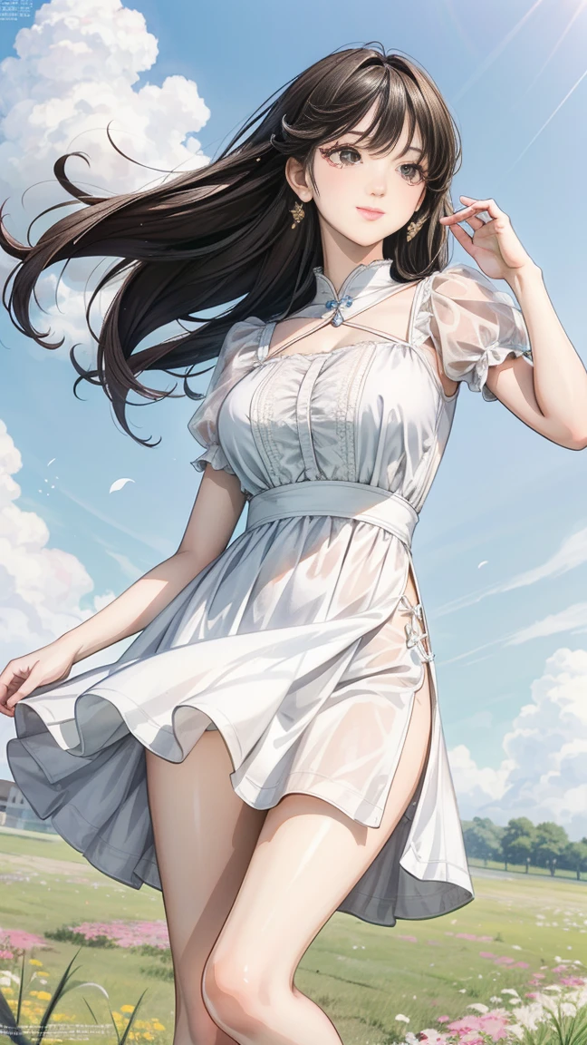 White light，White slip dress，Girl，Long black hair，Fall from the sky

