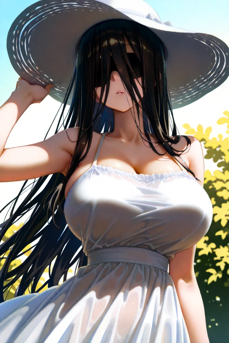 Masterpiece、Highest quality、、woman、20-year-old、Long Wavy Hair、Black Hair、Emerald green eyes、Big eyes、smile、Fair skin、Slender body、Beautiful breasts、White Summer Dress、Aoyama Street