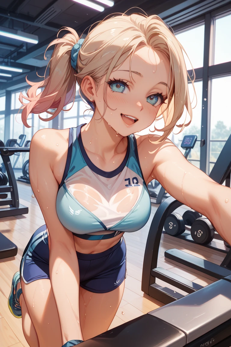 (masterpiece, best quality:1.2),1girl, (solo), Android 18 from Dragon Ball, ((CALVIN KLEIN bras, dolphin shorts)), gray wear, medium breasts, blunt bangs, blonde short hair, black eyes, earrings on earlobes, slim, slender feminine figure, skinny body, blush, magnificent view, blur background, 8K, collarbone, sky, sunny, thigh gap, full body, smile, sweat, open mouth, arms up, gym, dancing, knee up,