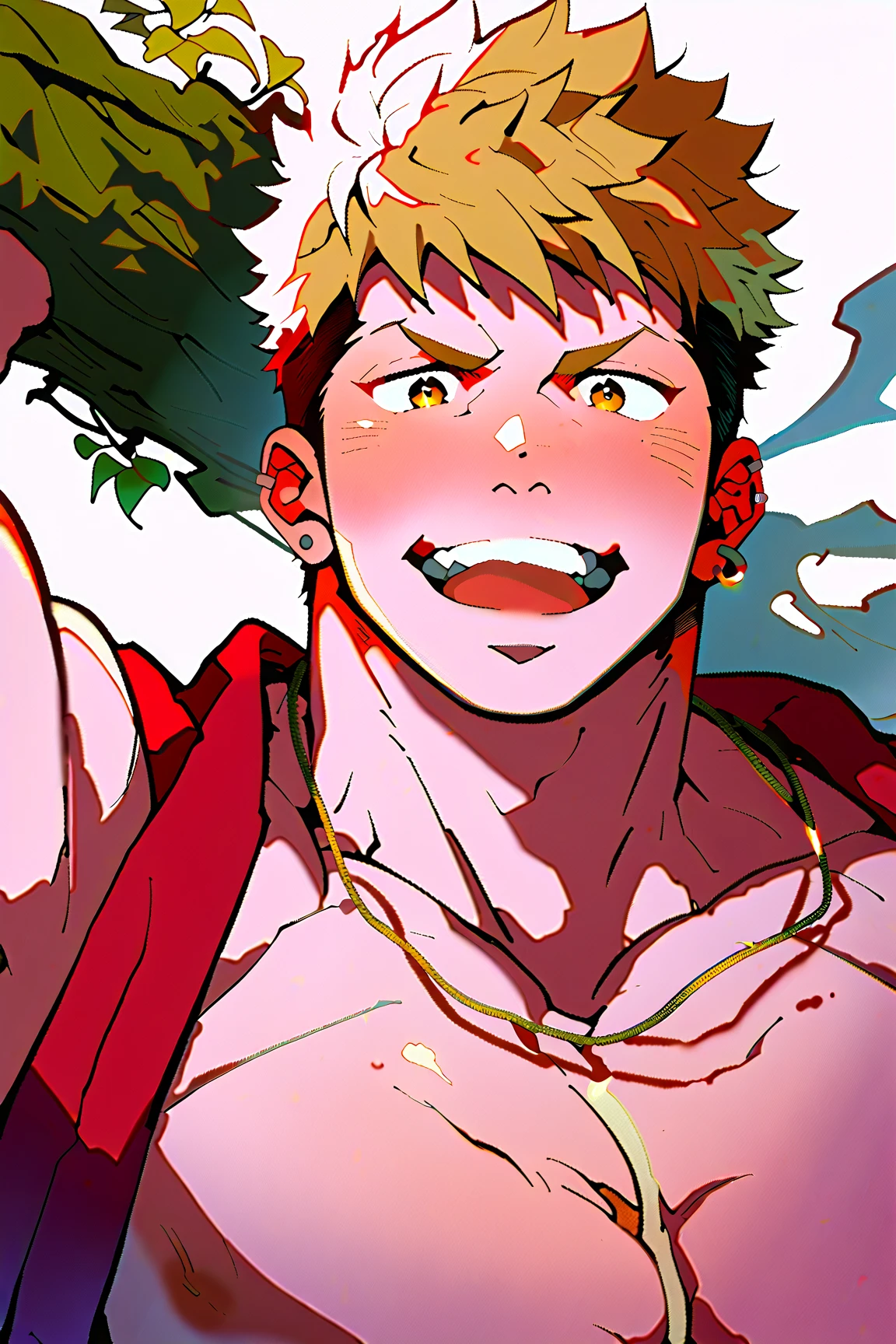 Handsome、Muscular、Macho、Thick chest、Thick legs、Completely naked、Big cock、Spiky Hair、all back、Berry Short、monkey、Beastman、Pointed Ears、Red eyes、Blonde、Thick arms、Body hair、smile、No bangs、Droopy eyes、Thick eyebrows、Scratch on nose、Big anly、