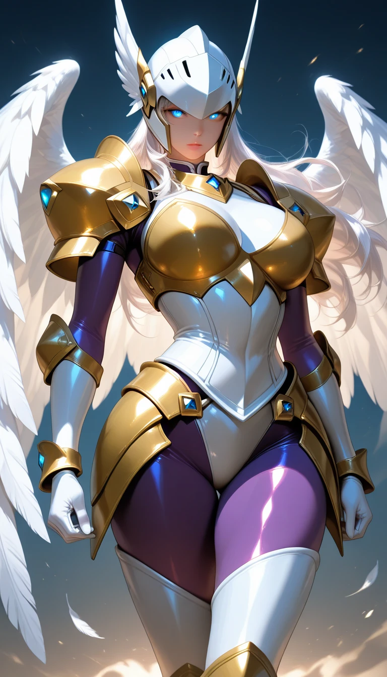 knight, young girl, sword holding , schield holding, angel, silver hair, blue eyes, portrait, 1character, full body, musclegirl , huge breast, tall female, portrait, full body, smile, pants