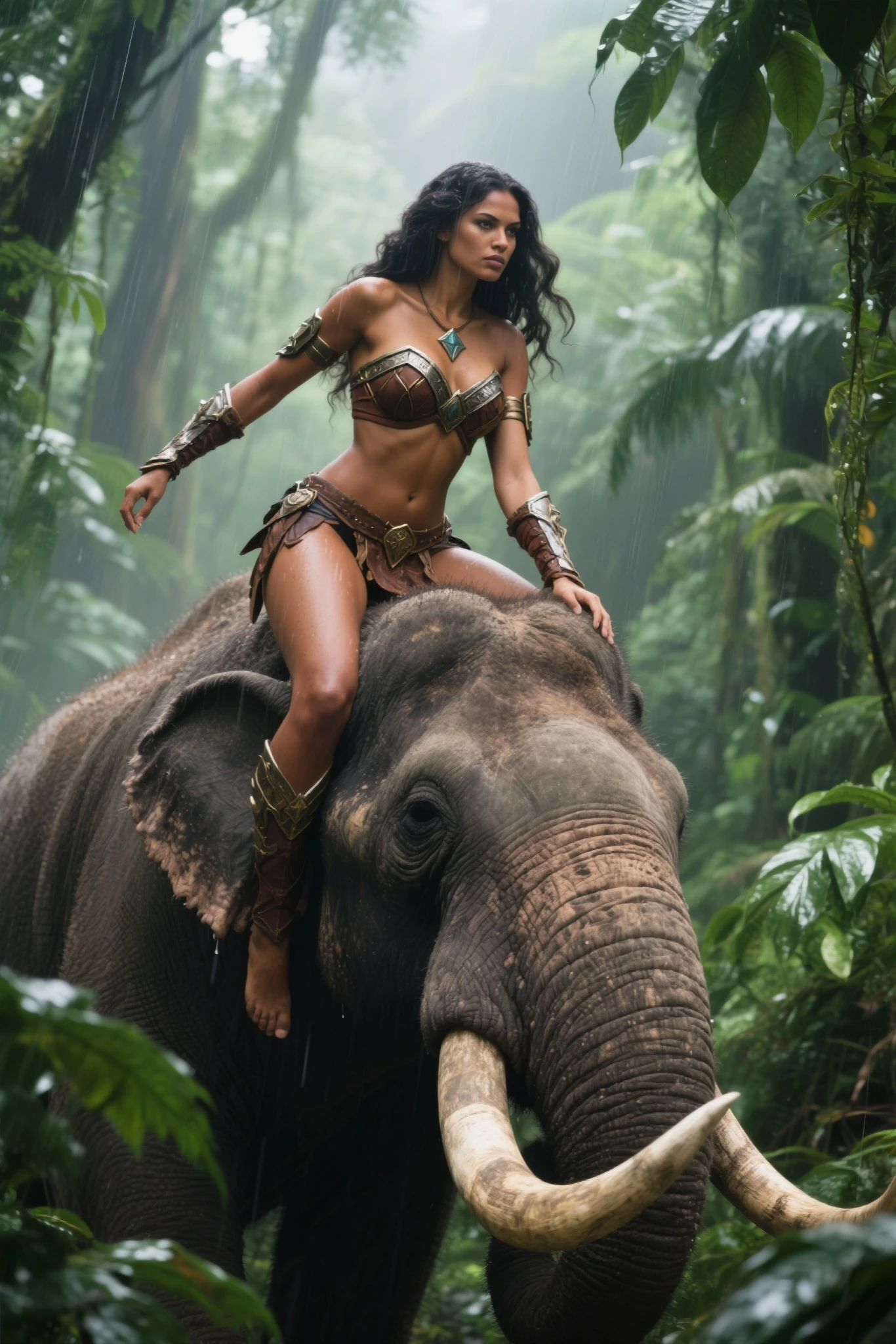 A full body of a highly realistic panoramic sunlight image of Tarzan swimming in the water.0 The blonde Jane looks on anxiously with a spear in her hand to come to the rescue., Both are half-naked dressed in a short loincloth of a primeval man, both standing dripping with water in the crashing waters of a very high waterfall half surrounded by big jungle trees in 70000000 BC, HD photography, ultra-realistic, King Tut, 4k, hyper-realistic, sharp texture, color. Her face with glistening water droplets is illuminated by the sun. She stands upright in the running water of the river, a perfect face model, Arabella mist-splitter, perfect face), beautiful lips:5 stylish, beautiful female face, attractive female face!!!, beautiful feminine face, beautiful makeup, perfect face! all wet on a rainy night, scared look, eerie, creepy, dark ambient, cinematic lights, ultra sharp focus, bird's eye view, high view, looking at the camera, raindrops. A very realistic panoramic sunlight image of Tarzan riding on the back of an elephant while holding his blonde Jane in his arms. Both are naked but wearing only a primitive short narrow loincloth of a primeval man, both dripping with water in the crashing waters of a very high waterfall half surrounded by large jungle trees in 70000000 BC, HD photography, ultra-realistic, King Tut, 4k, hyper-realistic, sharp texture, colour