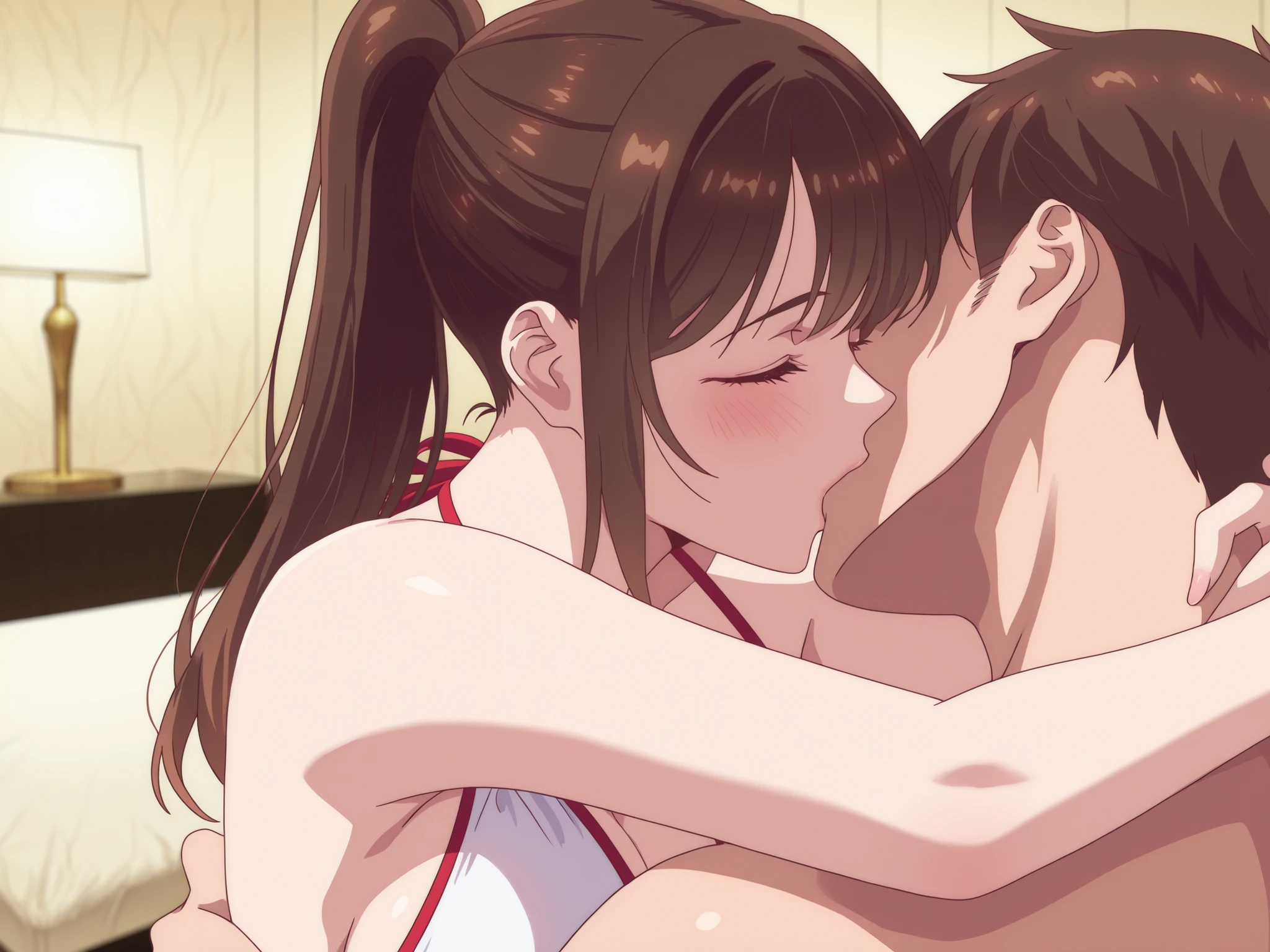 a Japanese woman with medium brown hair wearing a swimsuit、 luxury resort hotel bedroom、Totally naked man hugging fiercely from behind、kiss deeply