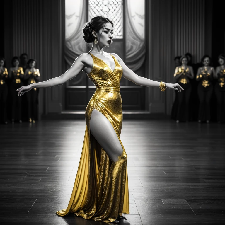 A woman with long, dark hair, dressed in a shimmering gold gown, stands in the grand hall of a medieval castle. The room is dimly lit by large chandeliers, casting a warm glow on the stone walls and ornate tapestries. She stands confidently on a set of stone stairs, with the intricate details of her gown catching the light as she looks off into the distance.”