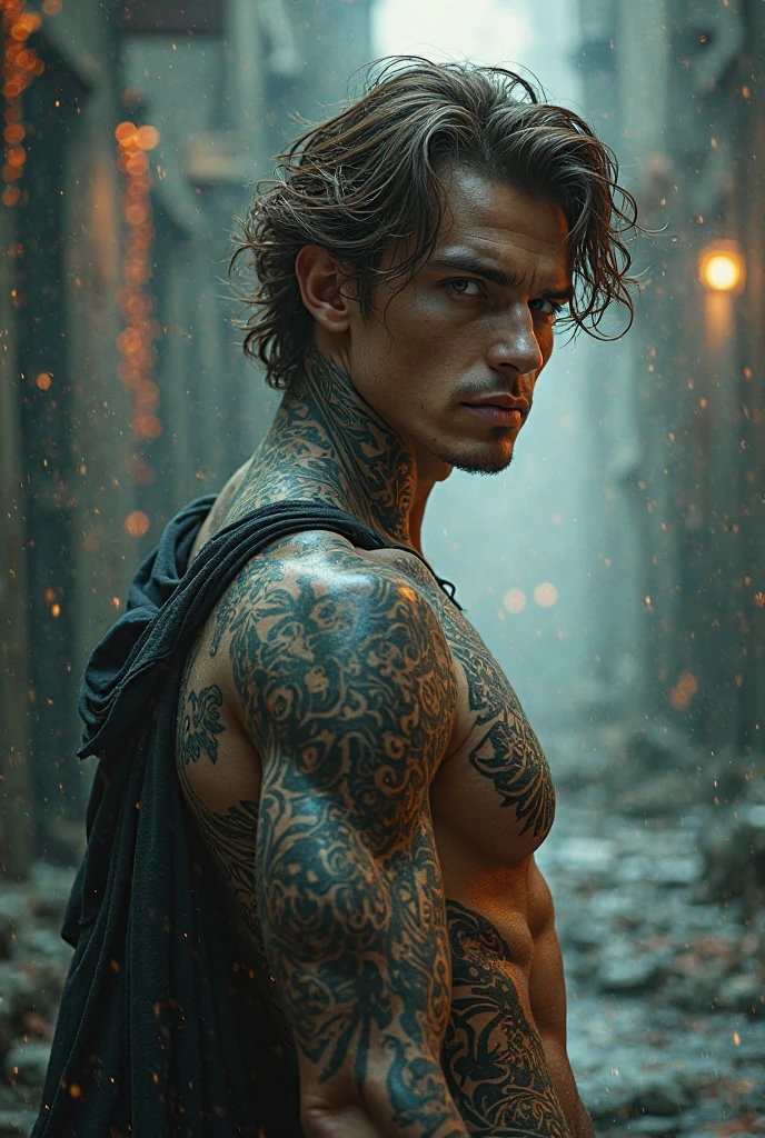 Create a handsome guy with green eyes and black hair with light brown skin, that he is not black or dark toned, that he has fair skin. With a dragon tattoo that runs down his entire right arm and the dragon's face reaches his neck, The dragon must be black with red eyes and its mouth open as it reaches the neck part as if it were devouring it.