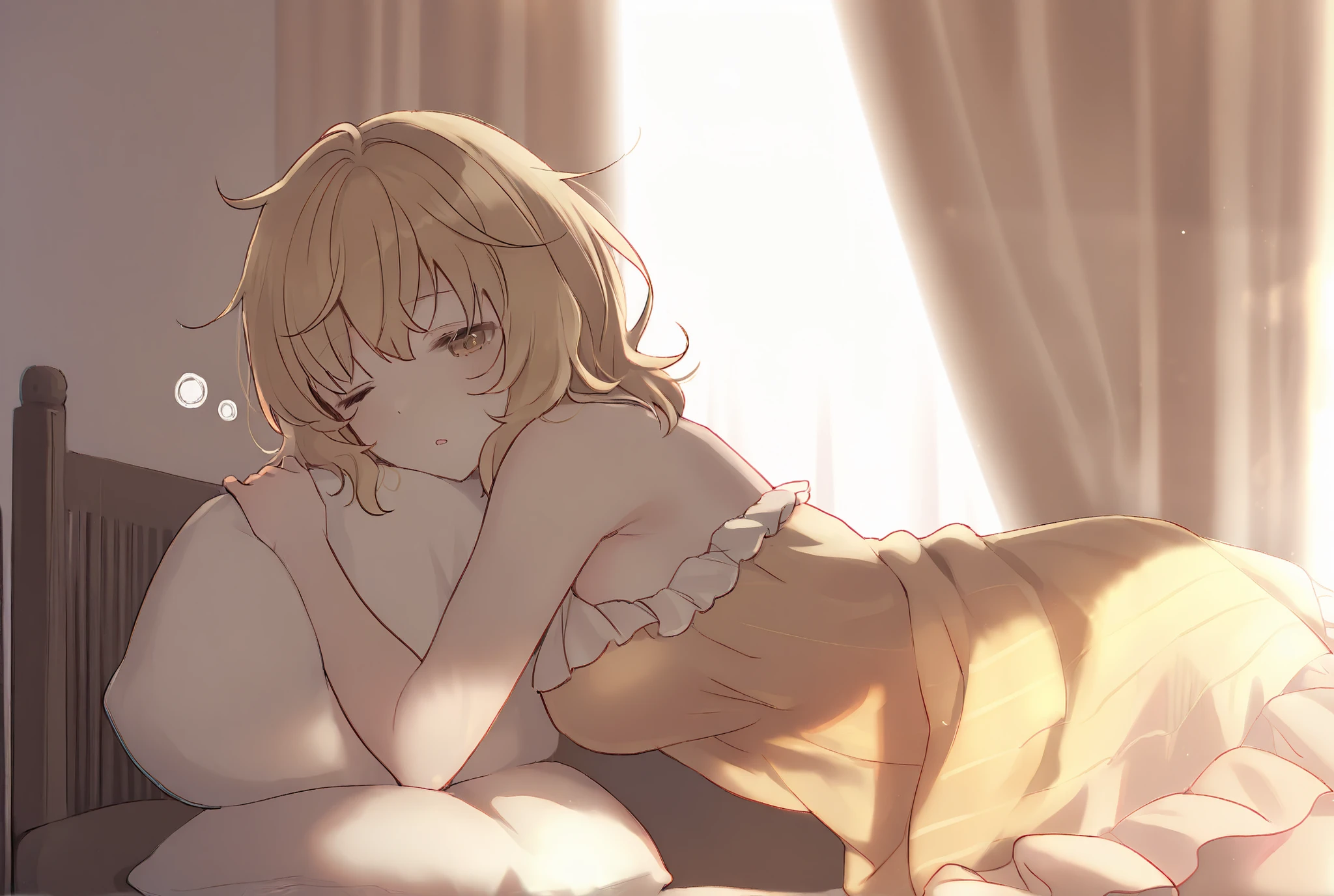 A young woman leaning against a bed's headboard as a backrest, just waking up. She has a sleepy expression, using a pillow behind her lower back like a cushion. A white sheet is pulled up to her waist, hiding her lower body. She is wearing a frilly negligee. Her short golden hair is slightly messy with bed hair, the tips sticking out. Sunlight pours in through an open curtain, softly illuminating the room in a warm morning glow. soft lighting, morning scene, bedroom interior, warm tones, sleepwear, cinematic composition