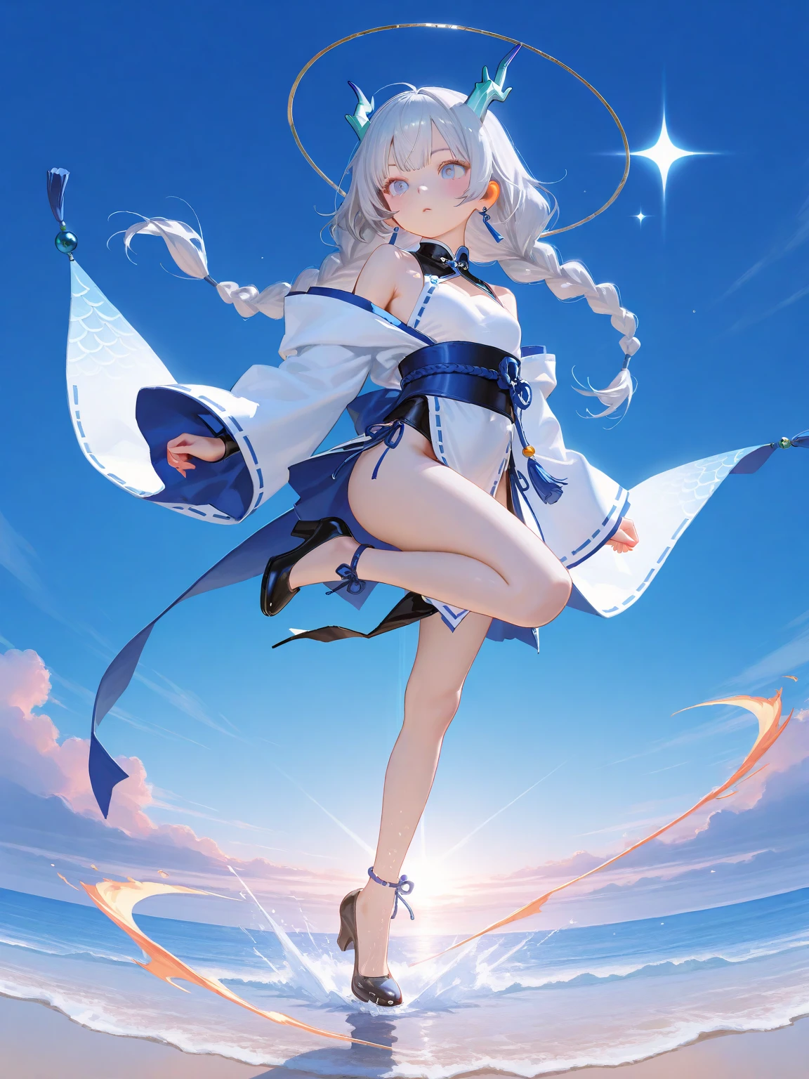 Official Art, masterpiece, Clear focus, (Beautiful, gorgeous and lovely Korean women:1.3), (Beautiful and cute Korean:1.3), Korean beauty, Exquisite and beautiful hair、Eyes and face, Practical, Super detailed, beautiful girl, Blue sky, 夜光White颗粒, (Side Light:1.2), Sunlight, White Cloud, Detailed Cloud, thin and long, Cute big and big ass, grin, ((Smile with your eyes, Open your eyes)), landscape, long, Straight Hair, sexy facial expression, architecture, (city View:1.7), Dynamic Hair, long, Straight Hair, delicate white hair, glowing blue eyes, (blue pleated shirt + White Skirt), White, Pale skin, Hair accessories, epic landscape,Nice ass,Beautiful buttocks ,White高跟鞋,The skirt was lifted