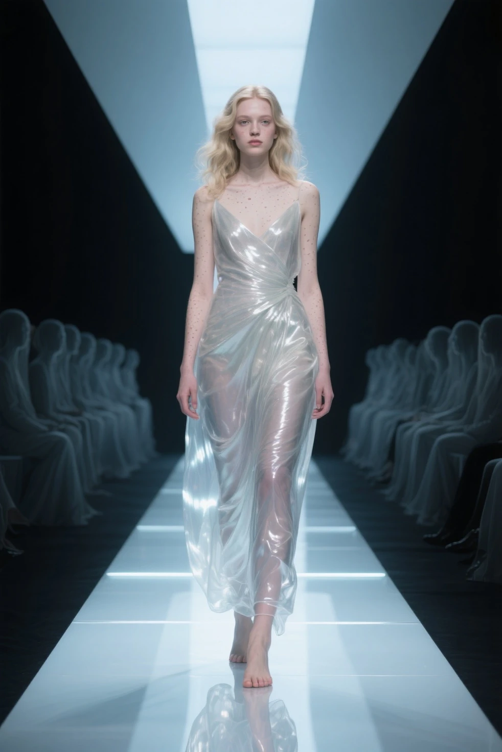 futuristic fashion show，Translucent ethereal aliens，futuristic fashion show，High-tech catwalks，Genuine leather series
