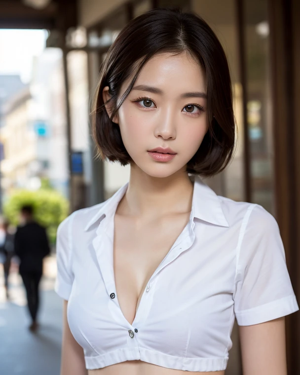 ((Best quality, 8k, Masterpiece: 1.3)), Sharp focus: 1.2, A beautiful woman with perfect body: 1.4, Slim abdomen: 1.2, ((Layered haircut, Large breasts: 1.2)), (no bra) (Small and beautiful hard nipple) (Thin and damp button up to shirt length: 1.1), (White shirt wet by rain), (Rain, Street: 1.2), Wet body: 1.1, Highly detailed face and skin texture, Detailed eyes, Double eyelid, tanned skin, sexy, tan
