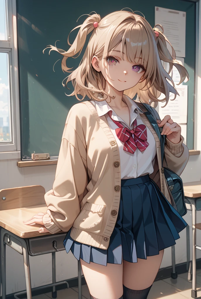Close-up、(((blonde hair)))、wavy short hair、cute、summer:1.3、shirt:1.3、、skirt(((Highest image quality、High resolution、masterpiece、one woman)))、((((embarrassing:1.3、)))、(((cute)))、Super delicate and cute girl with black hair、soio、a high school student、16 years、8K Ultra High Definition、Delicate texture、short wavy Hair、flat chest、(((Plaid mini skirt)))、(((Wear a cardigan over a collared shirt)))、(((navy colored high socks))),,Plain clothe、Smiling,spreading her legs,exposed panties,nsfw,middle breast,classroom,lying down on the desk,spreading legs open wide with knees bent,creating the shape of the letter M,(((detailed race white panties))),
