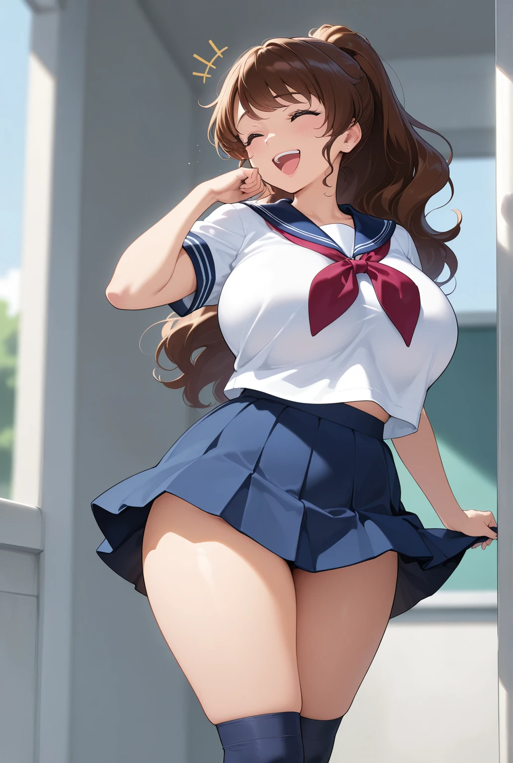 masterpiece, best quality, 1girl, huge breasts, school uniform, (white shirt), (red tie), navel, blue miniskirt, long brown hair, twin tails, blue eyes, pale skin, blush, :o, forest