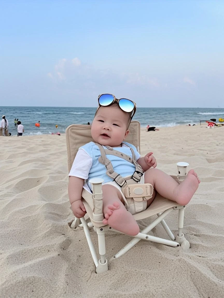 There is a little girl sitting in a stroller on the beach, On the ocean, On a boat, Young Asian girl, queen of the sea mu yanling, tiny girl looking on, With a child, 🤬 🤮 💕 🎀, Gamine, kiddy big breasts, jia, taken on iphone 1 3 pro, babies in her lap