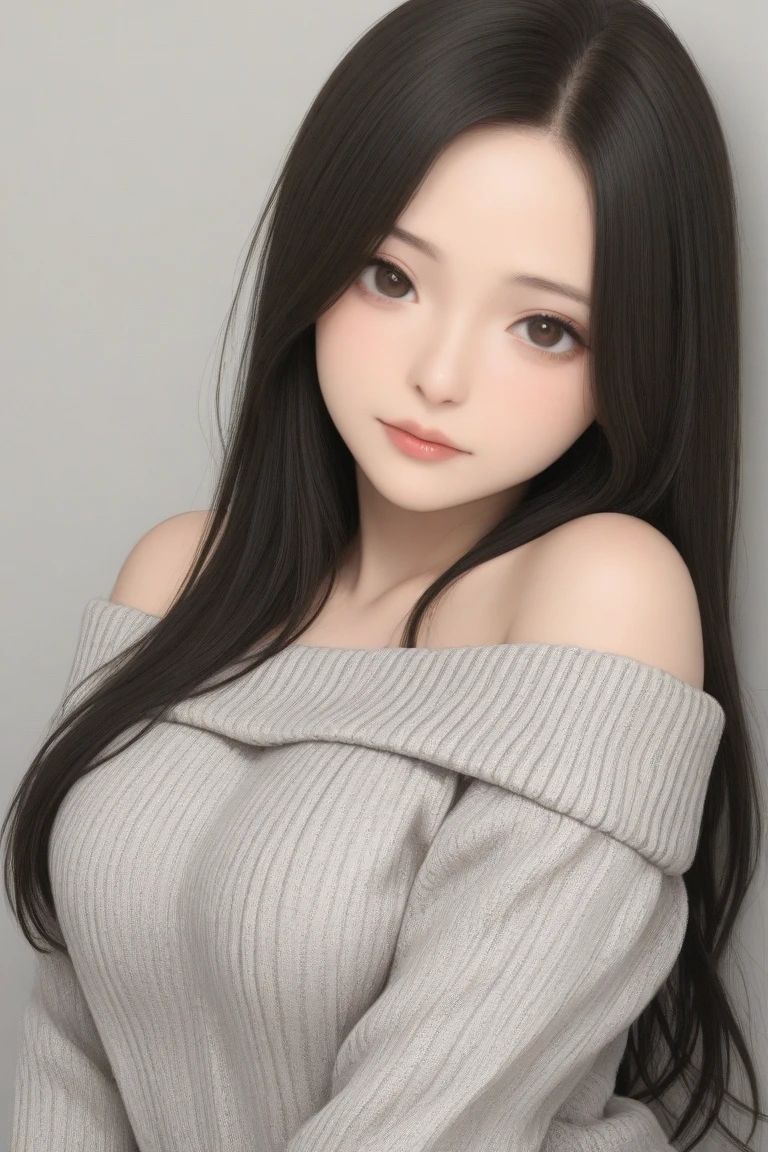 Japan person, big breasts, long black hair, wearing knitted dress, selfie in studio room, alone, late 30s