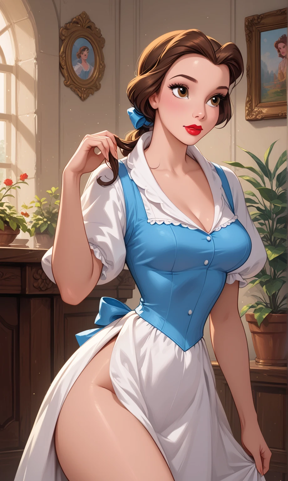belle, (tout le corps), (chef-d'ouvrages d'art:1.2), (best quality), (Ultra detailed), (8K, 4k, complexe), (Very detailed:1.2),huge , sourire, cheveux bruns, Gants, lingerie bleue, yeux marrons, bijoux, fleur, des boucles d'oreilles, elbow Gants, se maquiller, NSFW