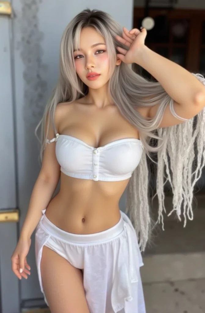 fully body photo,show,hyper HD,Real Human,cabelos preto e longos,ssmile,White-colored skin,A woman wearing a miniskirt ,Pure desire,Wear a sexy white bandeau,Sexy white miniskirt ,Leaky belly button,Medium chest,perfect bodies,Devil figure,20-year-old female model, Sexy girl nipple,Expression healing,adolable,gentleness,Pose pose