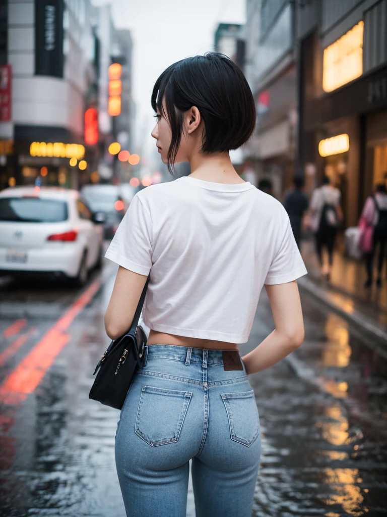 foreground：1girl, Skinny linen trousers, Skinny linen top, Sexy figure, Photography from behind, Review, ssmile, Short hair flying, Background with：Japanese-style street, Both sides are covered with flowers, low  angle shot, Hyperrealism, cinematic lighting, depth of field, from below, vanishing point, f/2.8, 16k, anatomically correct, textured skin, super detail, award winning, best quality, highres