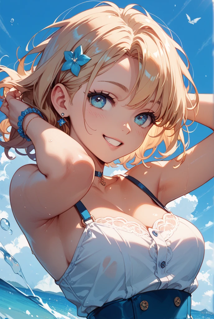 ((grin)), ((plunging neckline dress:1.3)), ((sundress)), ((off shoulders, Quite thick shoulder straps)), ((blond hair, bob cut:1.3)), ((sunglasses, hand to sunglasses)), (((from side))), ((((upper body)))), bare legs, (((A night sky stretching under a full moon, stars shining and reflecting on the sea surface))), ((sitting on the very high cliff)), wavy hair, inward curled hair, ((sea, nature)), breasts, teenager, (looking at viewer), puffy long sleeves, collarbone, head tilt:1.3, (((blue eyes))), happy smile, (((anime style))), (best quality, 4K, 8K, highres, masterpiece:1.2, ultra-detailed, ultra-detailed eyes, HDR, uhd, studio lighting, ultra-fine painting, sharp focus, physically-based rendering, extreme detail description, professional, vivid colors, bokeh)