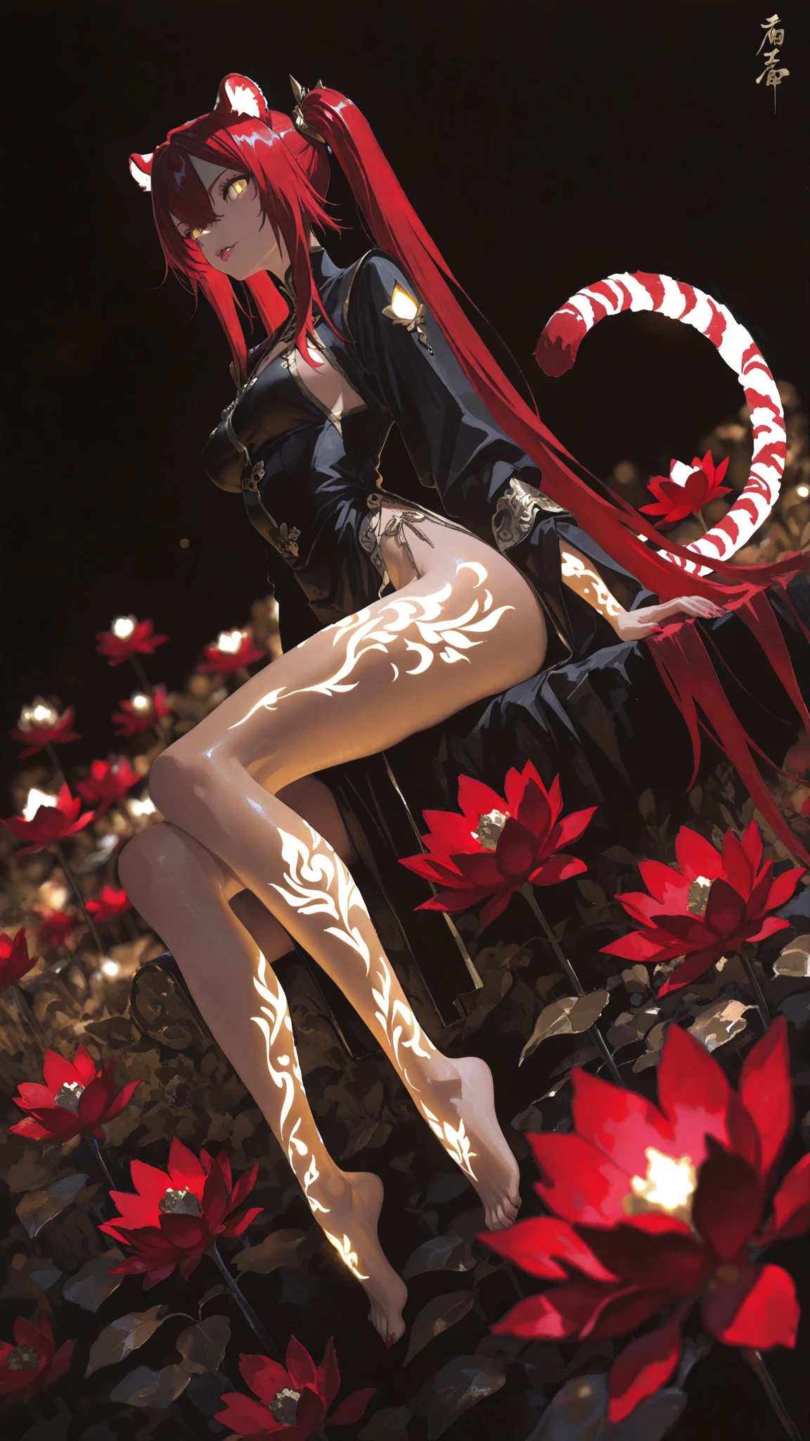 1 beautiful devil woman from hell, In the Dark: 1.6), surreal female portrait by David Hockney and Alphonse Mucha, fantasy art, korea doll, photorealism, dynamic lighting, artstation, poster, volumetric lighting, very detailed faces, 8k ultra, Awarded, in the dark, deep shadow, low key, cowboy lens, (Red phoenix dress: 1.4), long hair, black hair, bust, luxurious palace, Royal style, devil crown, red eyes make up very sharp and detailed, The most beautiful face, The breasts are very big and round and round, Super realistic, chinese women's clothing, polo neck sweater, Charming smile, The eyes are very well made up, guweiz, devil style, wearing black mesh socks, Ponytail with a bow tied at the back of the hair, Red black lips, Devil tattoo on shoulder, wearing a thin red and black robe, the landscape is overcast and thunderous, (Portrait), Close-up of the main character, (Background details 1.8),