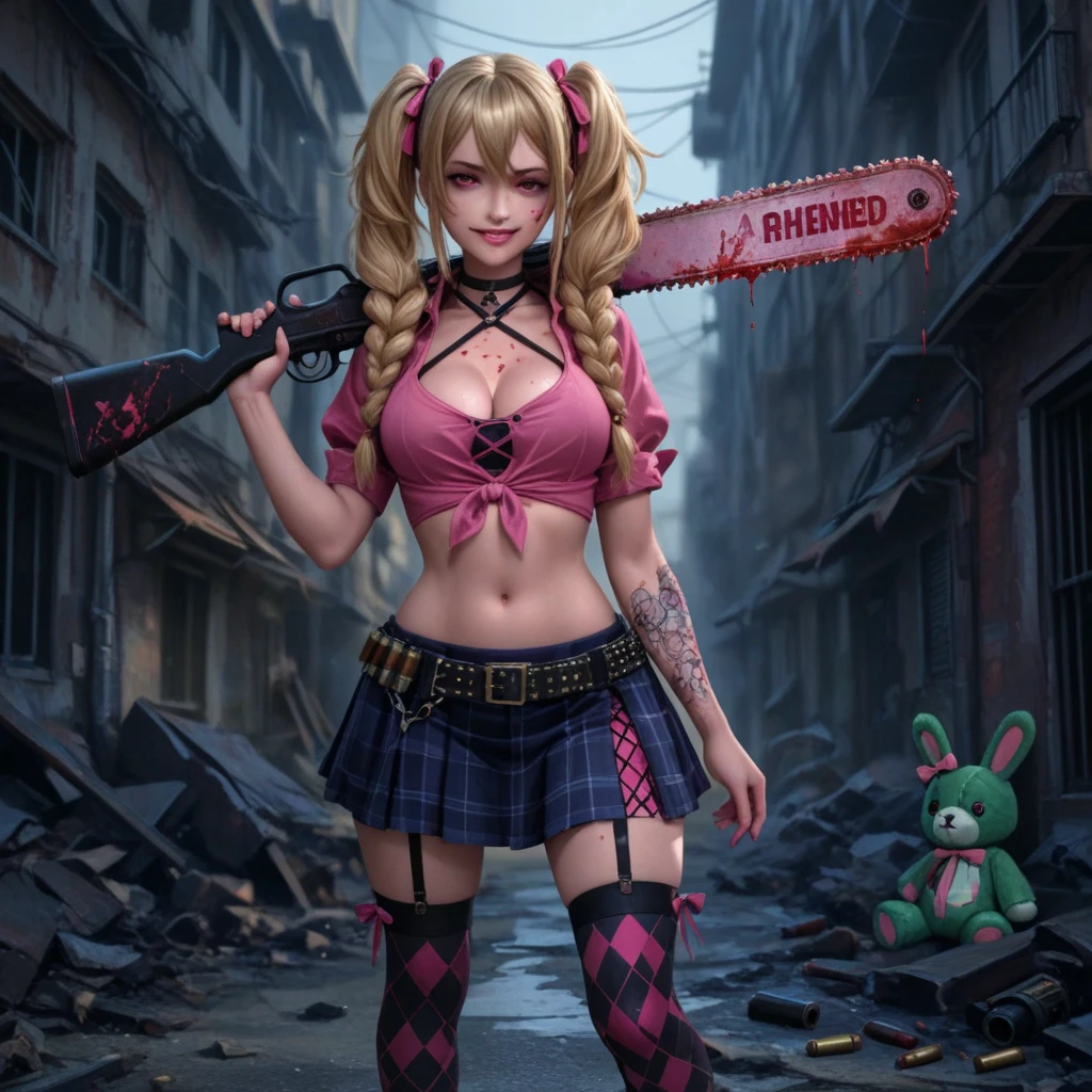 <lora:lollipopChainsawJuliet_10:1>  juliet starling, holding chainsaw, proportional eyes, (realistic:1.5), extremely detailed, hyper detailed, soft lighting, detailed background, extreme detail background, sharp details, beautiful face, symmetrical eyes, short red hair, short hair, red hair, green eyes, woman, high quality, (full body:1.3),