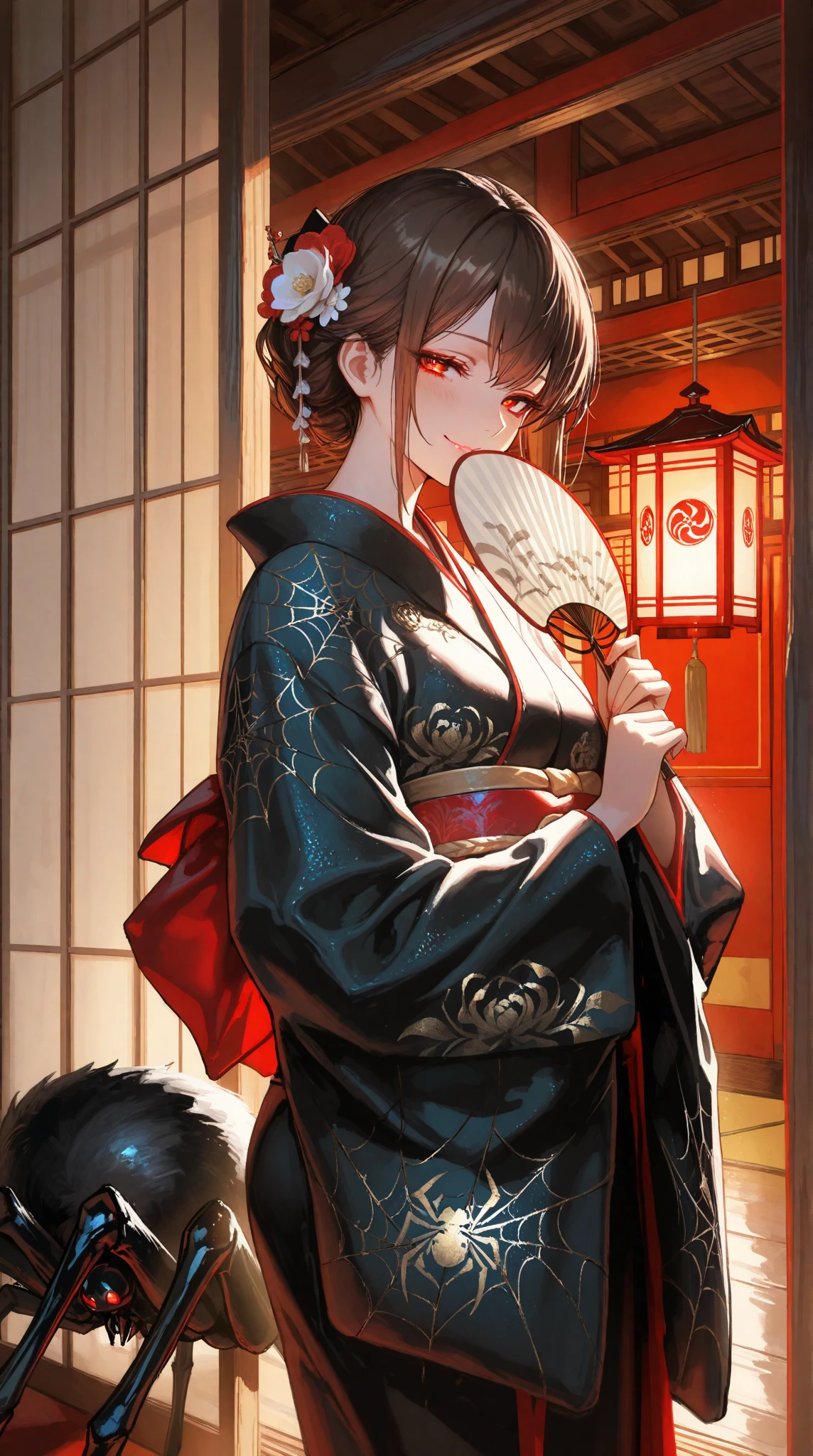 masterpiece, high resolution, high quality, red kimono, big breasts, cat ears, floral pattern, red eyes, NSFW, black hair, ponytail,