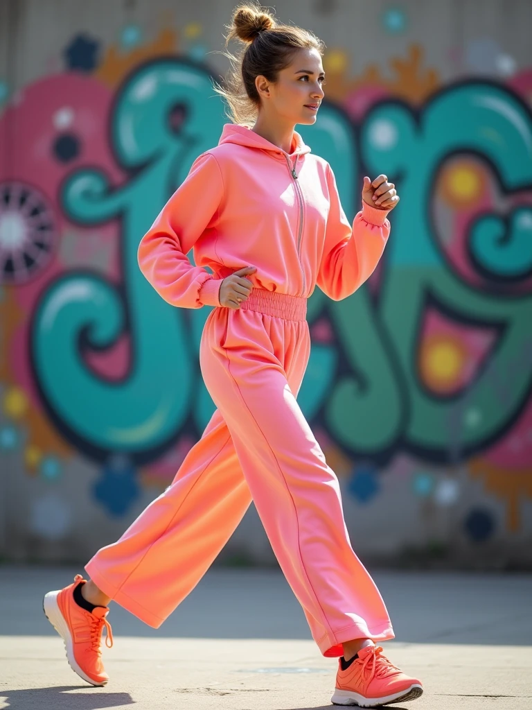 belle blonde sautant dans un trampoline avec un jogging nike large rose
