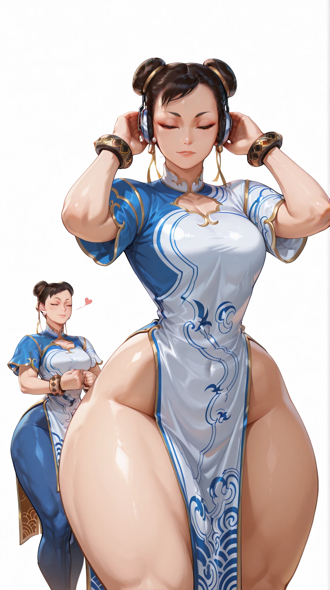 (((1girl))), Chun Li, moan, full body, erotic, smile, perfect eyes, (((brown hair in twin hair buns))), (((ribbons in hair))), sexy lingerie with stockings, (((big boobs))), (((big thighs))), perfect body,