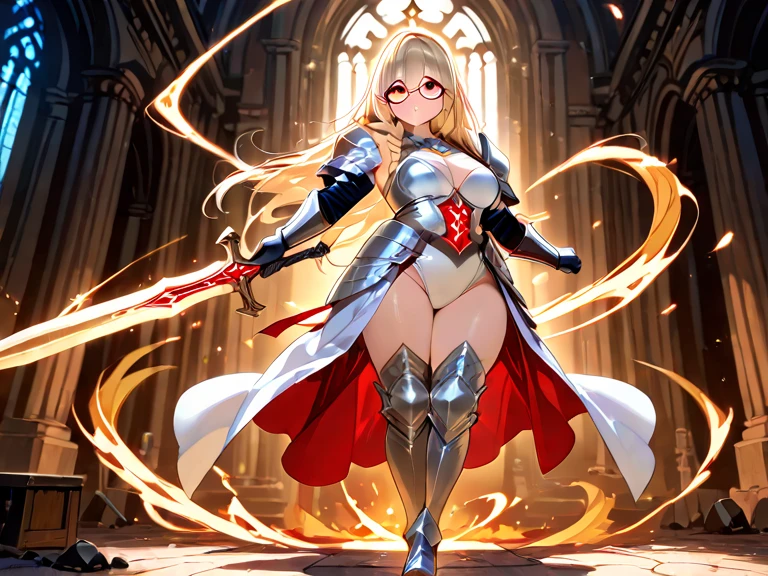 a woman in a red and blue outfit holding a knife, snow white as a d & d fighter, as a retro futuristic heroine, full body concept, as a retrofuturistic heroine, katana zero video game character, knights of zodiac girl, lady in red armor, female archer, she-ra, she - ra, natalie from epic battle fantasy, bikini-armor, leotard, bare legs, blonde hair, hazel eyes, serious, bats, castle, dark horror atmosphere, solo, night, thigh high boots, tan skin, super sayian transformation