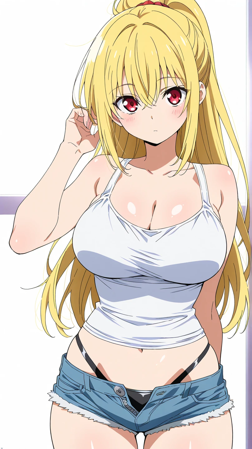 (anime art style), masterpiece, best quality, very aesthetic, absurdres, dynamic shadows, atmosferic, minamifuyuki, ((1girl)), antenna hair, blonde hair, long hair, sidelocks, ahoge, eyeslashes, blue eyes, large breasts, sexy, cleavage, white sneakers, turtleneck sweater, white sweater, cutout on cleavage, micro shorts, denim shorts, black thighhighs, bare arms, borrowed, embarrased, intense blush, ((feet out of frame)), (from front), (grass), (afternoon), (autumn), (trees), (clouds), (standing), (looking at viewer:1.0)