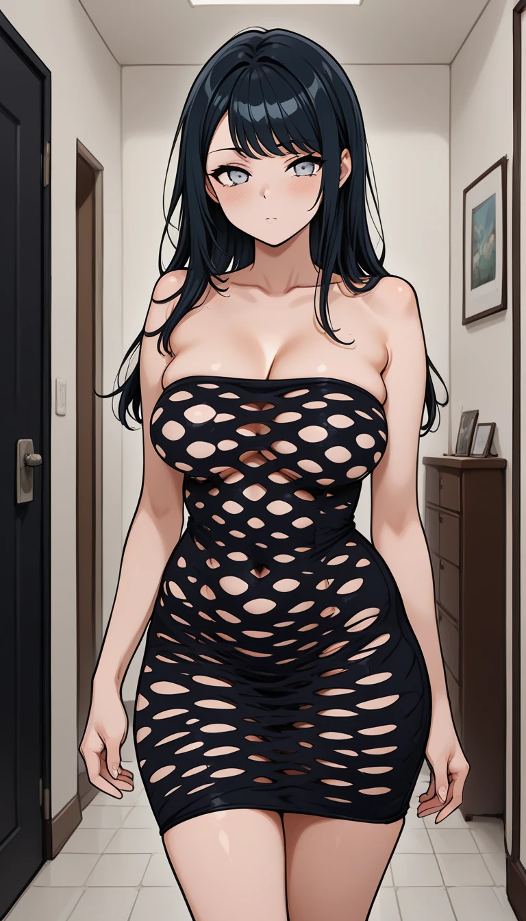 1 milf, long black hair, very big breasts, smiling lewdly, blushing