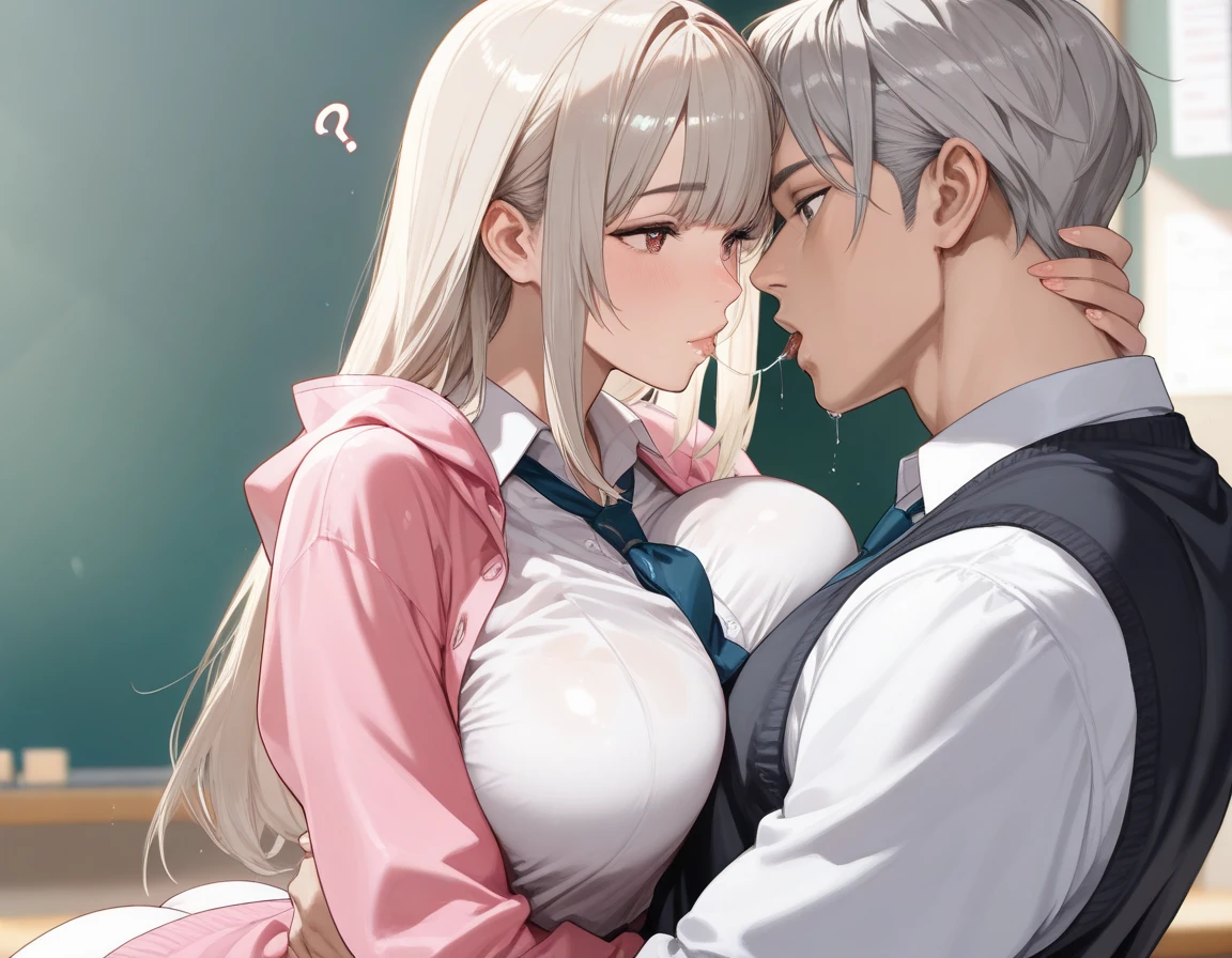 (from the side,looking at teacher face,eyes focus:1.1),masterpiece, Best quality, bright, very aesthetic, high contrast, , pose semi-realistic, newest , An adult woman,(1 girl,),high school student, (tilt your head), light caramel hair color, hime haircut,( dull bangs), long super straight hair, décolleté, big breasts,(bouncing breasts), big ass,(school uniform details, cardigan, loose tie ), hip, confused, Soft light, pink raincoat, Best quality,(Trace of saliva,mouth to mouth),( 1 very handsome man , gray-haired , teacher,hug ,breast capture),