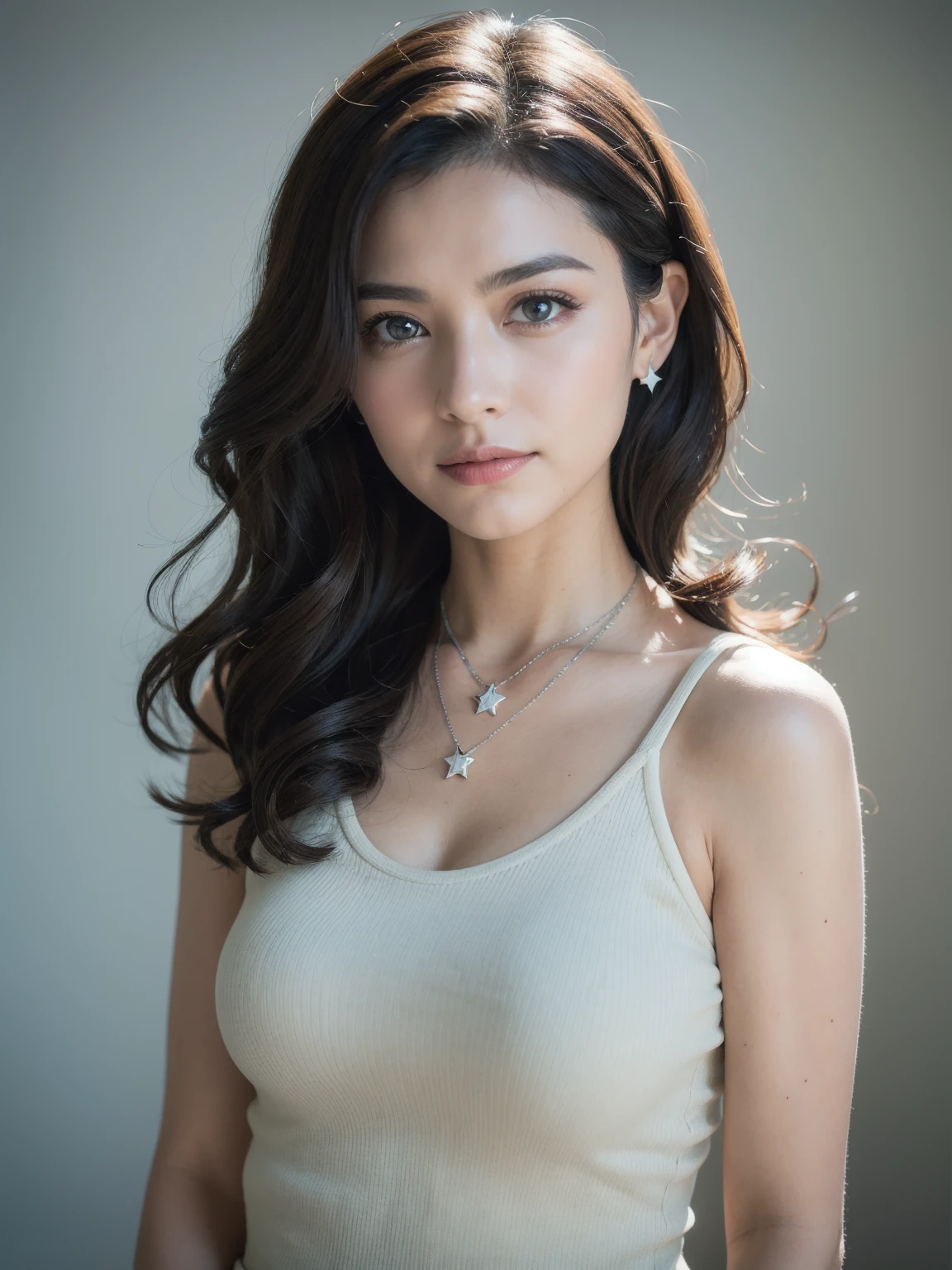 Image of a woman from the chest up、show cleavage、Glossy, soft skin、big breasts、upward glance、Images showing faces、1 person