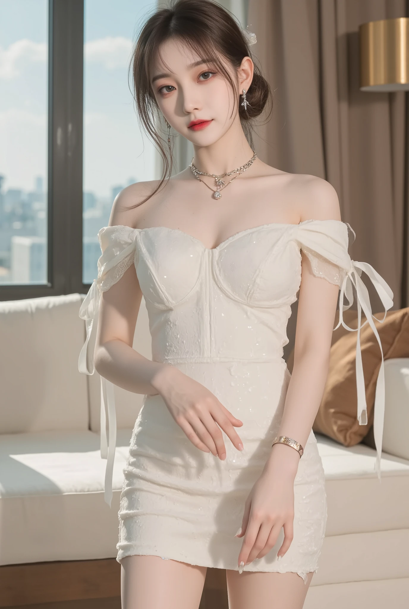 ((​Masterpiece, Top image quality, high resolution、alone、skin shiny))(on the table, best quality, actual, super detailed, meticulous, high resolution, 8k wallpaper), Close-up portrait of a beautiful woman, like, smiling, light brown messy hair, Perfect dynamic composition, 美丽meticulous的眼睛, Just like the cover of a fashion magazine, on campus，Gorgeous costumes