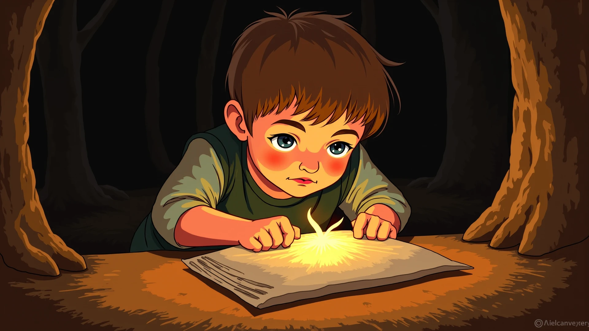 A close-up of a letter with the written message, illuminated by moonlight, showing the boy’s puzzled face.