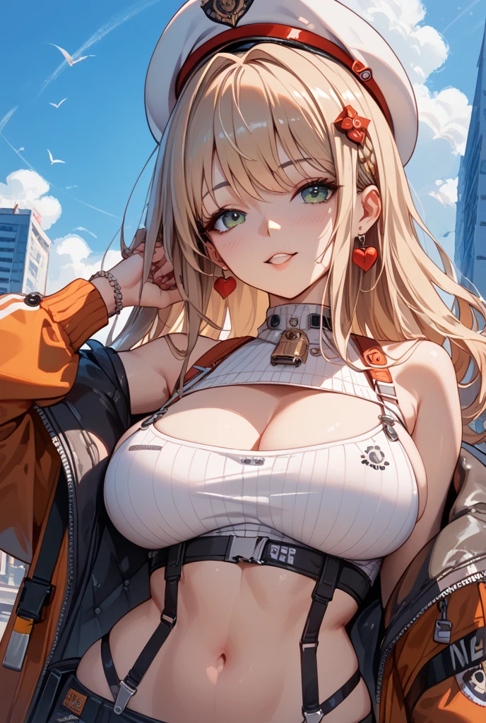 Tsunotori, 1girl, solo, long hair, blonde hair, horns, blue eyes, large breasts, looking at viewer, smile, bangs, closed mouth, belt, breasts, dress, gloves, fingerless gloves, hairband, cowboy shot, standing, arms behind head, arms up, shirt, cleavage, headphones, pantyhose, white pantyhose, black hairband, two-tones dress, outdoors, sky, clouds, trees, bushses, buildings, school,
BREAK
masterpiece, best quality, highly detailed background, perfect lightingbest quality ((shiny skin, glossy skin, detailed skin))
 <lora:Tsunotori:0.8>