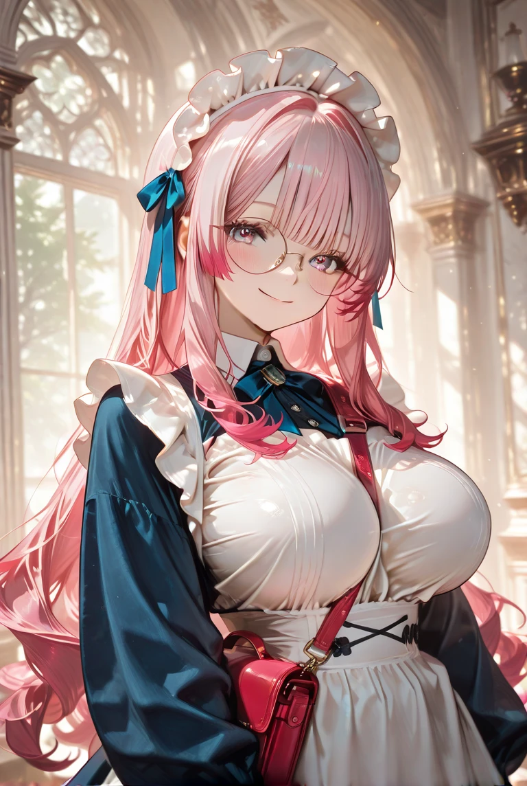 masterpiece, best quality, high-resolution, finely detailed, extremely detailed and beautiful, distinct_image, 1 girl, solo, beautiful young teenage girl, 13 years old, tanned white skin, long waist length hair(pink-red hair)(white highlights), soft facial features, heterochromatic eyes(left eye: silver)(right eye: red), elegant battle-styled sundress, cherry red plump lips, large E-cup breasts, short height(150cm). wide hips and large round ass, silver round-frame glasses, athletic and toned body
