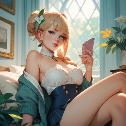 a beautiful girl with cat ears licking her hand like a cat, in a feline pose, wearing a green bra, panties and socks, on a pouffe, hyperrealistic, 8k, ultra-detailed, highly detailed, masterpiece, vibrant colors, dramatic lighting, photorealistic, intricate details, elegant, graceful, stunning, captivating, alluring, feline, cat-like, fantasy, whimsical