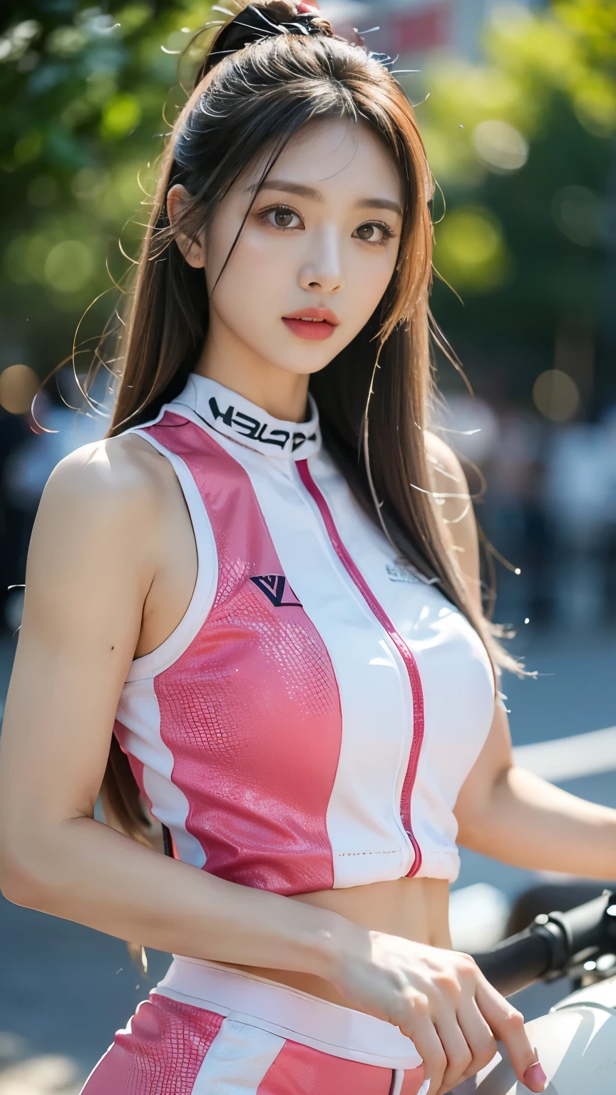 1 sister，Wearing a tight pink and white racing suit，Big goals腿向你走来，Hold the handlebars of your motorcycle，(Riding a motorcycle:1.2)，navel，Just looking at the audience，midnight street，light，National Foundation，（（best quality，8k，masterpiece：1.3））），Stay focused：1.2，（Layered pruning，Big goals：1.2），Beautiful woman，Have a perfect body：1.4，Lean abdominal muscles：1.2，wet：1.5，Highly detailed face and skin textures，Exquisite eyes，Double eyelids，Long gray hair