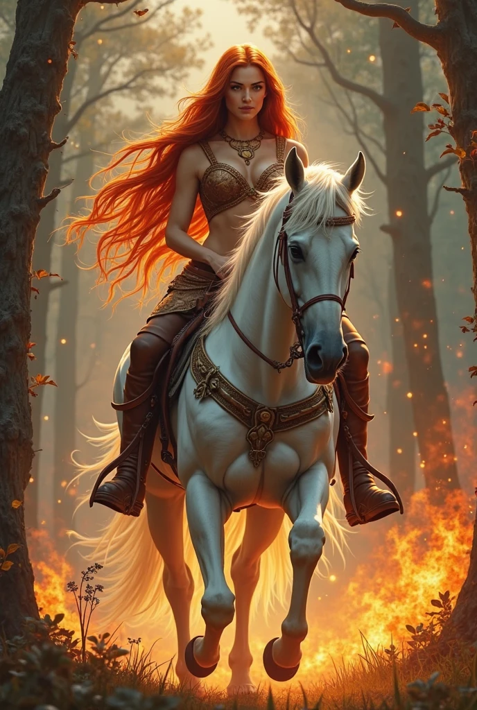 (((Boadicea charging in to battle on her black stallion horse))), stunningly beautiful ginger woman ,age 23, in a quality lace tunics adorned with pins and jewelry costume, wielding a Lancea with confidence , surrounded by a battle in a forest setting bathed in a glow of fire and smoke, ethereal glow, evoking a sense of power. The scene captures a blend of the horror of battle, creating a mesmerizing and captivating image. cinematic, epic realism,8K, highly detailed、(she has blood on her clothes from battle) ((her breasts are visible through her torn dress)),