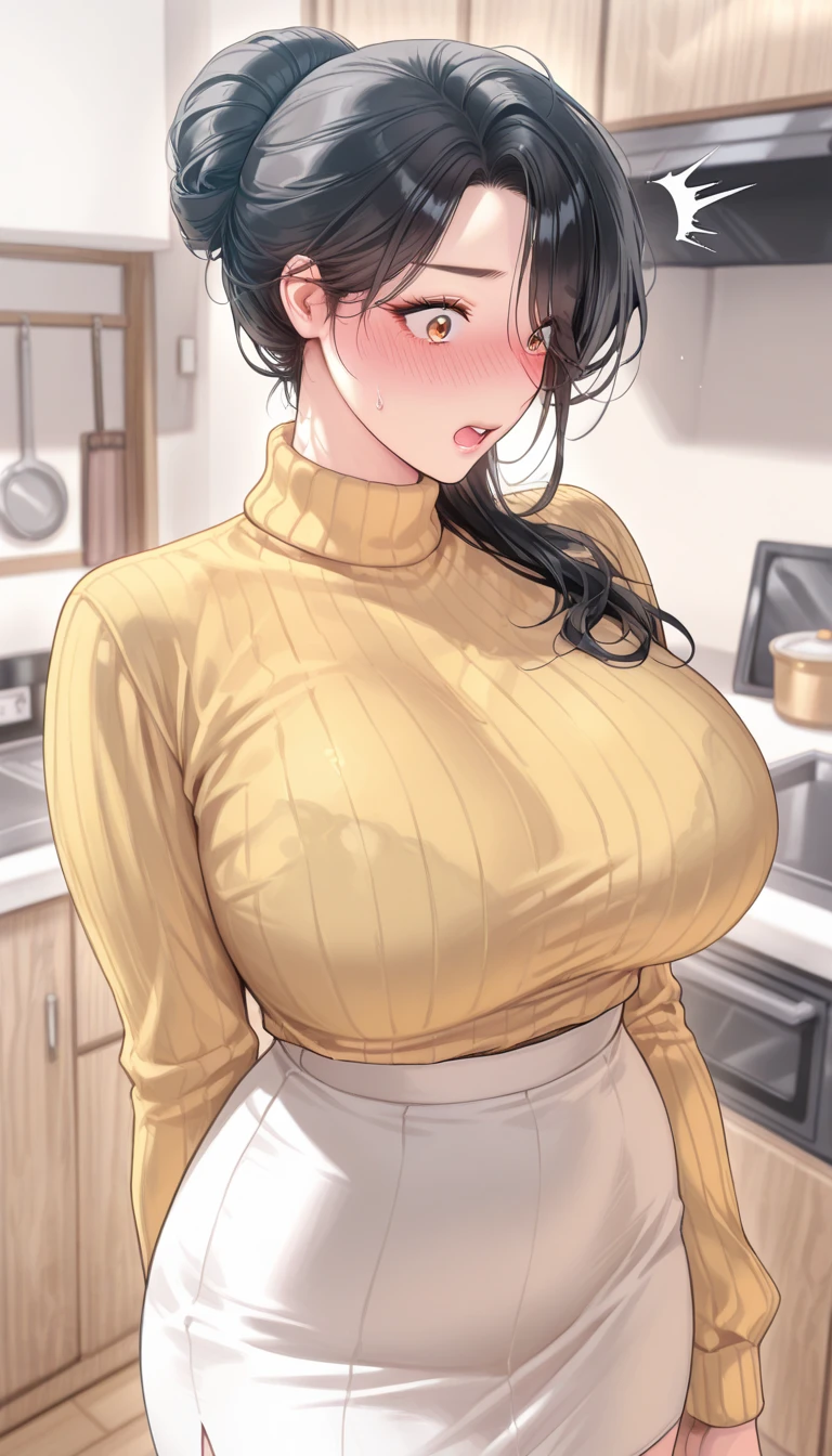 (Modern house interior/), Only one woman, Mature Woman, /(blue ribbed Sweater/), bangs, Black Hair、Bobcut、A gentle, blushing smile, (Masterpiece Top quality:1.2) Delicate illustrations, Very detailed, Large Breasts、No bra、Very good、((Sweat,vapor,Vulgarity))、Tight sweater、