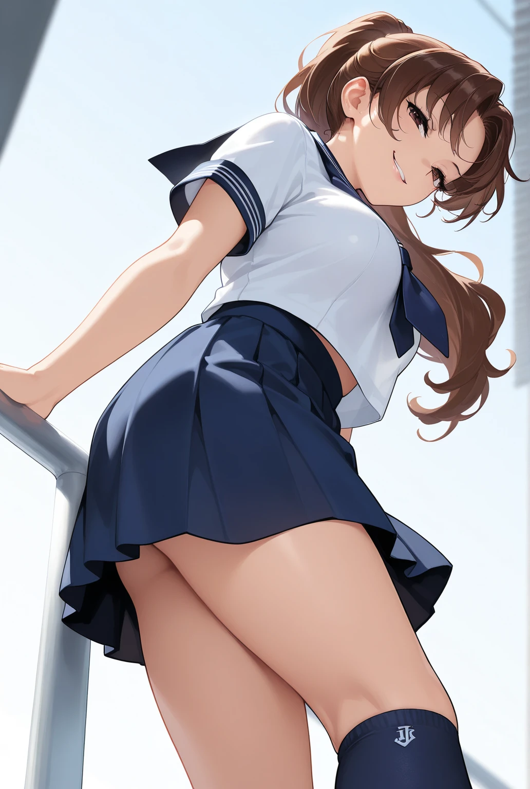 Highest quality, masterpiece, High resolution, alone, ((Perfect hands, Perfect Legs, Perfect Anatomy)), {inazuma_Kantai Collection}, brown_hair, Folded_ponytail, brown_eye, length_hair, Open_mouth, smile, School Uniforms,skirt,プリーツskirt,((Flat Chest, Small breasts)),navel, (White panties), (In underwear), (lingerie), (Outdoor), (skirtリフト),((nsfw)), Wet clothes, ((Panty shot)), show off panties, ,(spread legs, legs up), cameltoe