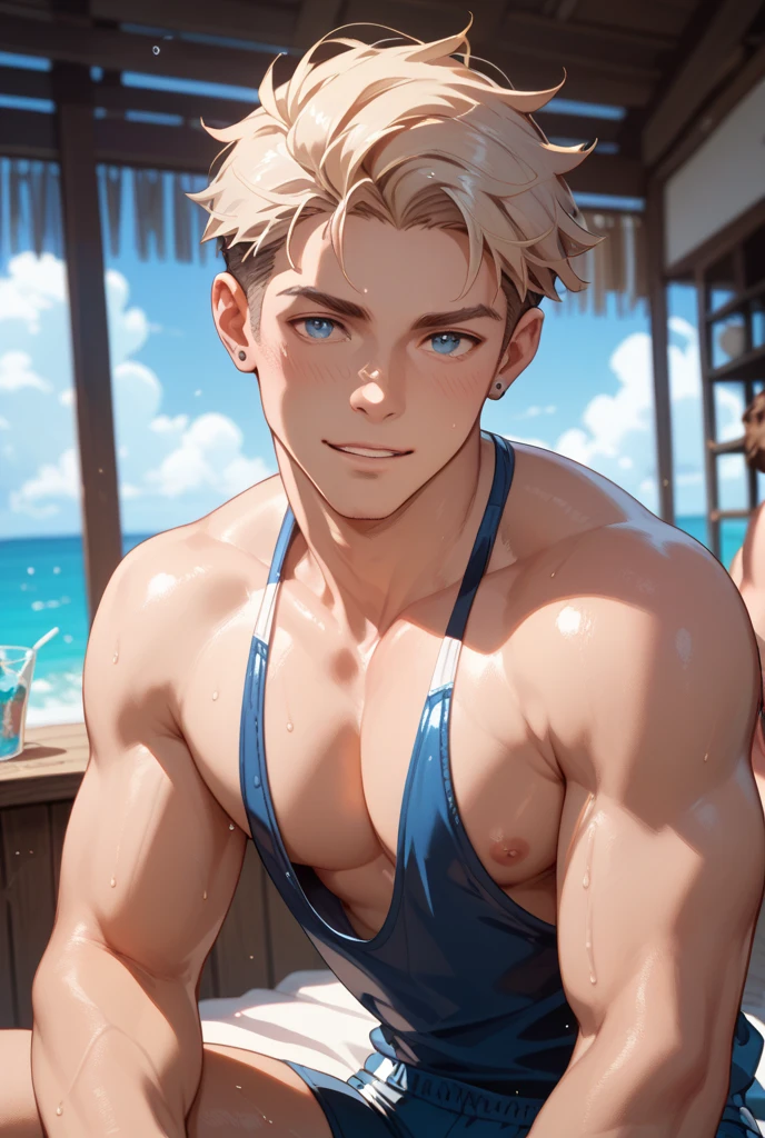 high quality, detailed, photo Realistic, (22 years old tanned idol boy), (detailed blue eyes), (blond short hair),(tanned shiny skin:1.3), black tiny thong, bulge,(detailed nipples), palace pool, (best quality,4k,8k,highres,masterpiece:1.2),(realistic,photorealistic,photo-realistic:1.37), smirk
