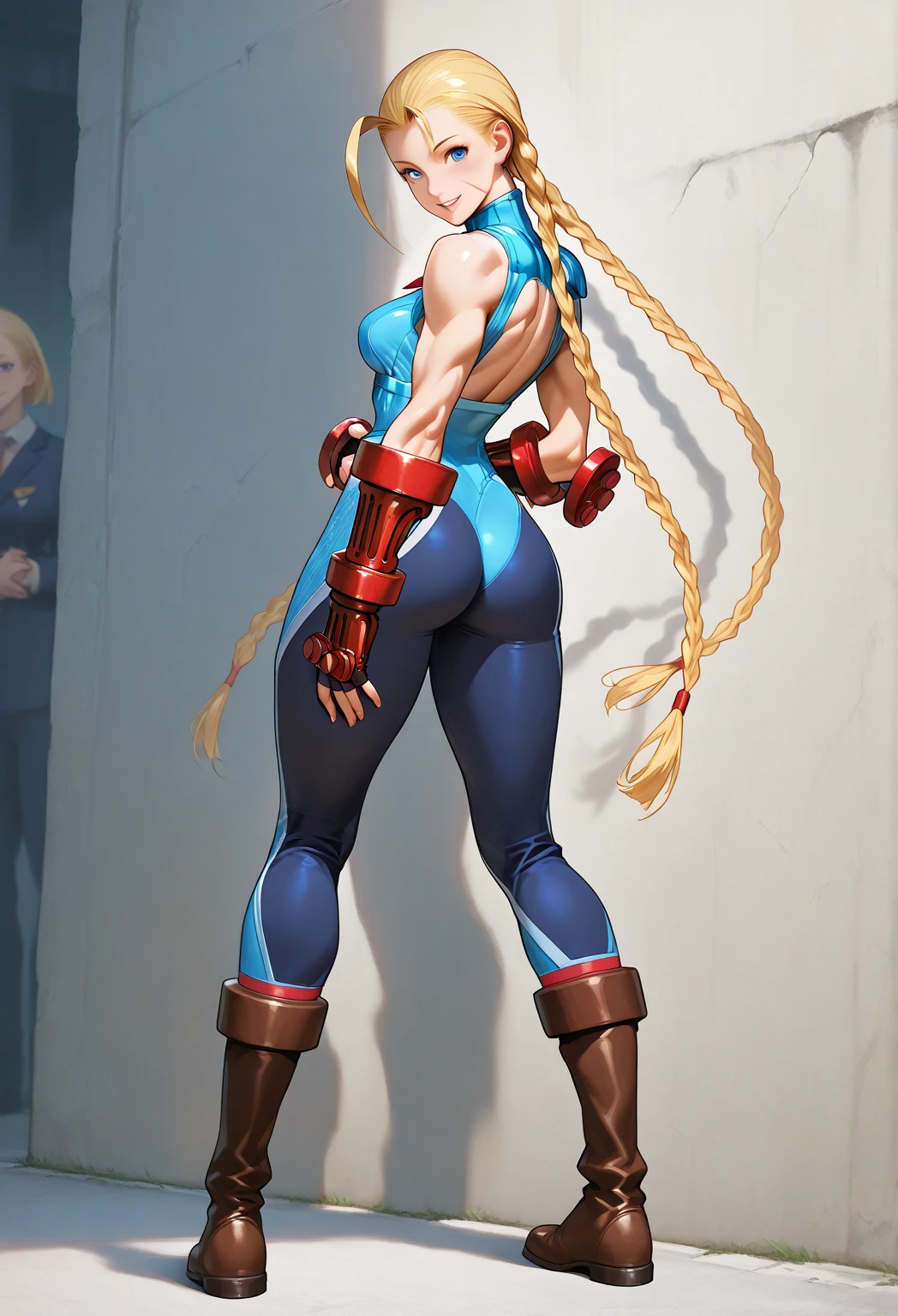 Cammy, best quality,masterpiece, (full body), high res,original, beautiful detailed eyes,ultra-detailed, perfect ???????, 1girl, solo, cowboyshot, large breasts, wide hip, glamorous body, slender body, , long hair, happy face, blush, parted lips, perfect lighting,Colorful, Bright_Front_face_Lighting, shiny skin, (beautiful_face:1.5),