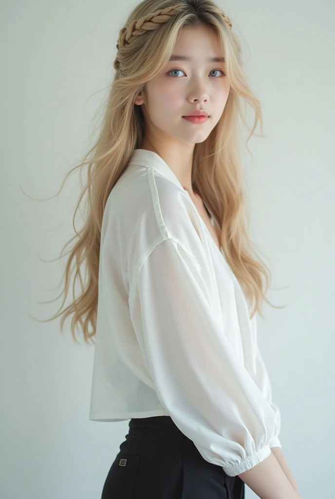 (Surrealism), (illustration), (high resolution), (8K), (Extremely detailed), (best illustration), (Beautiful and delicate eyes), (best quality), (Very detailed), (masterpiece), ( wallpaper), (Delicate face), solitary, 1 girl, White curly hair, Korean, Heterochromic eyes, There is a small mole under the eye, Loose white shirt, Yoga Pants, Large Breasts, Long legs, Tight abdominal muscles, Camel toe, Dynamic poses  