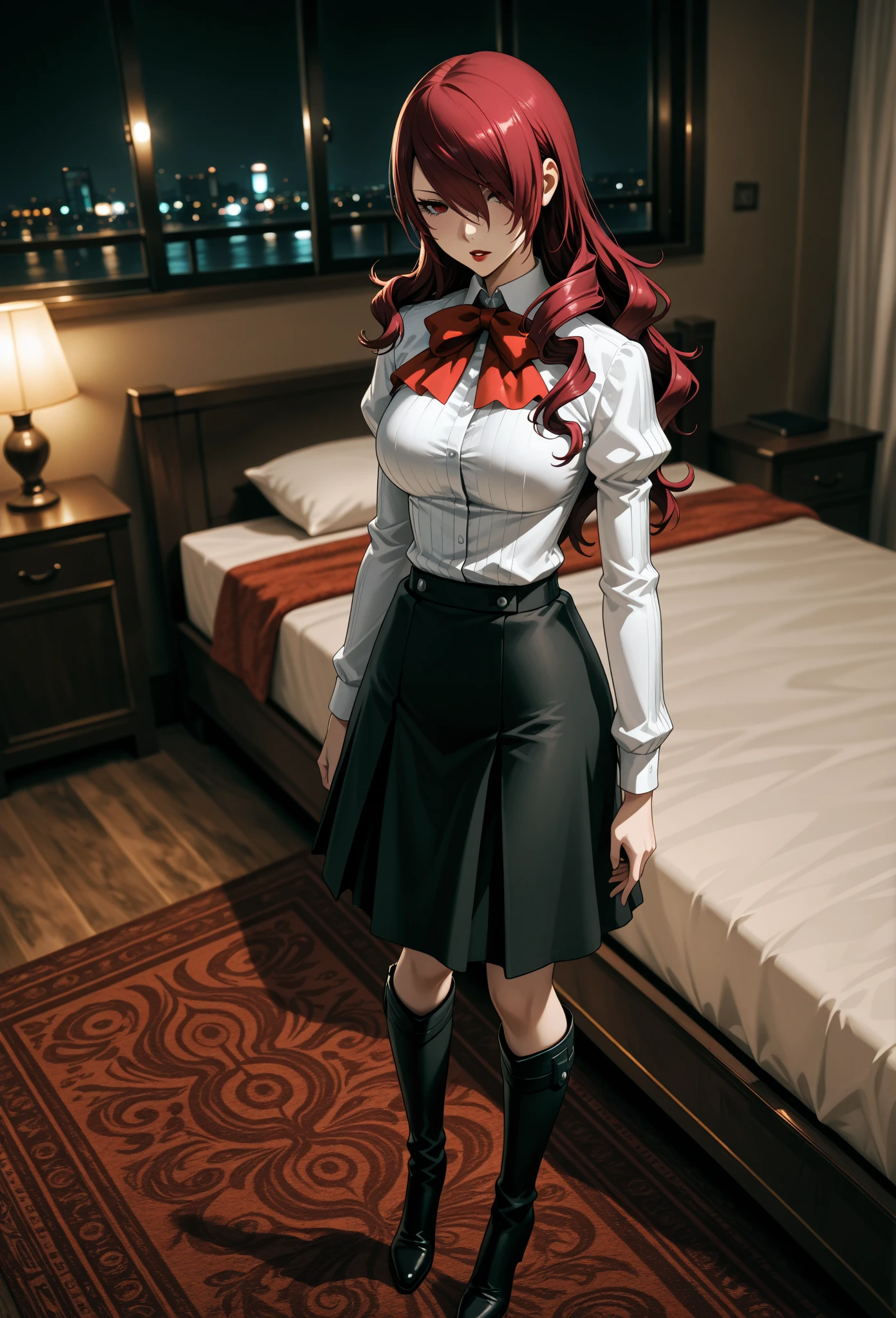 eris greyrat, 1girl, solo, long hair, ahoge, red eyes, red hair, bare shoulders,hairband, crossed arms,blush, skirt, black hairband, breasts, detached sleeves,bangs, hair between eyes, long sleeves, hair flaps, closed mouth, black skirt, brown skirt, shirt, crossed bangs, very long hair, white shirt,biwm,pointing at self,shouting,angry,